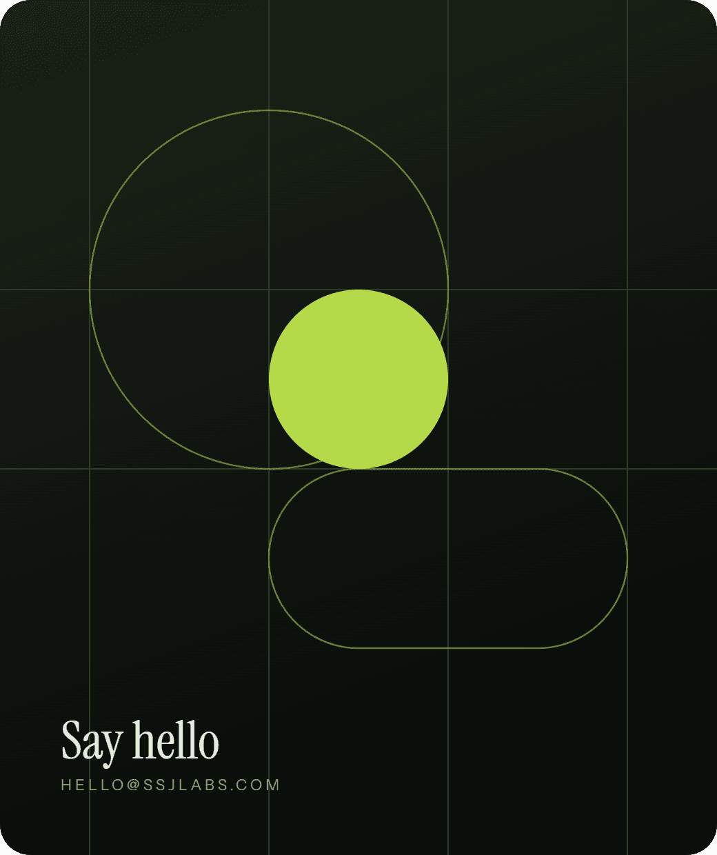 An SSJ Labs "Say hello" card: a filled disc and a rounded bar over a fine measuring grid.