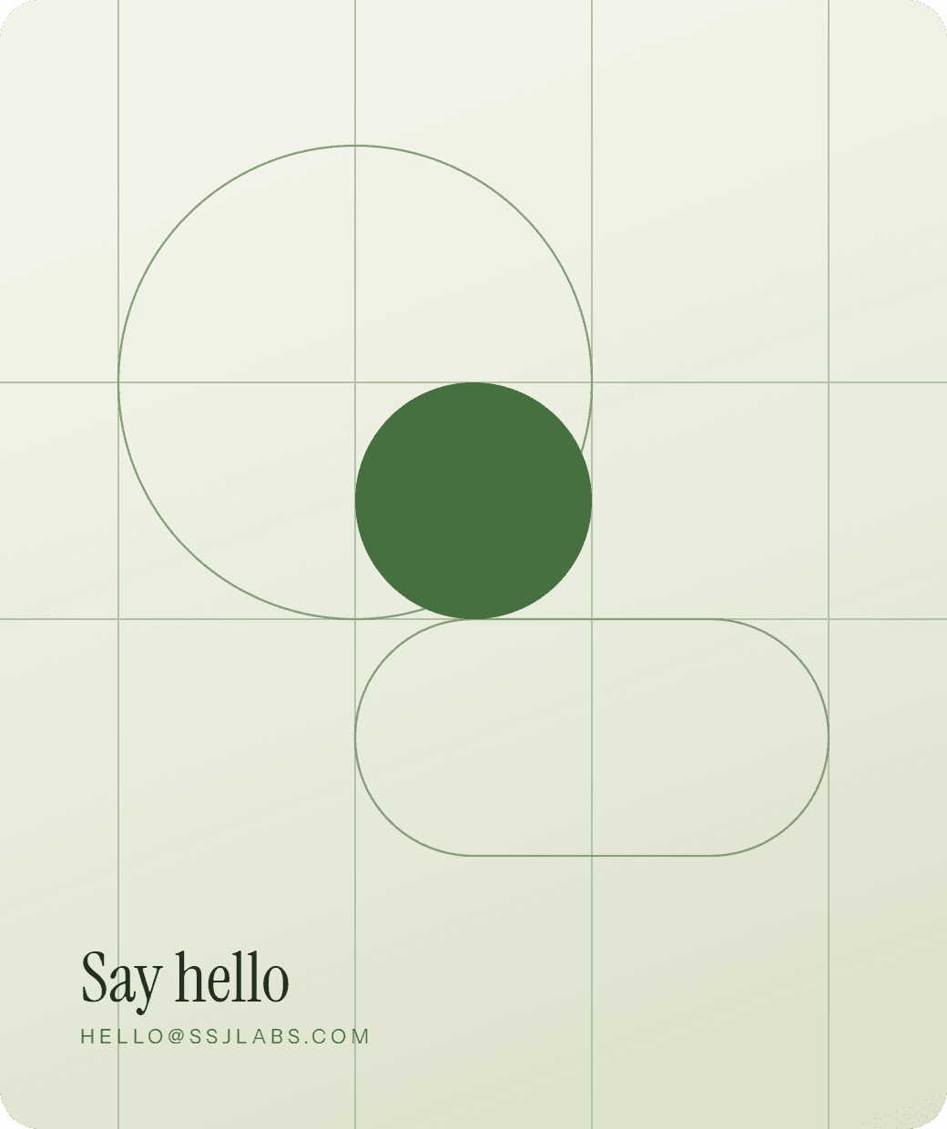An SSJ Labs "Say hello" card: a filled disc and a rounded bar over a fine measuring grid.